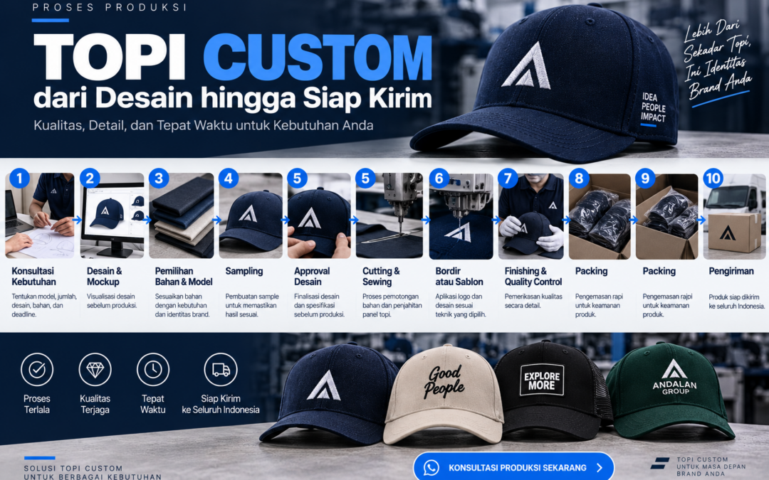 Proses produksi topi custom dari desain hingga siap kirim