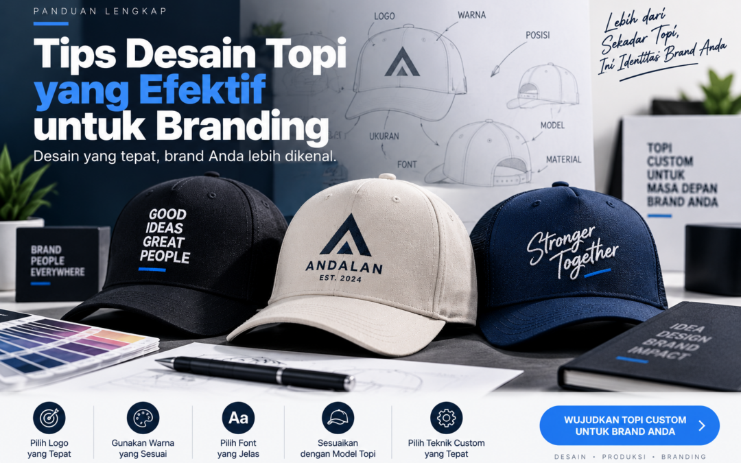 Desain topi untuk branding dengan logo dan warna yang sesuai identitas brand